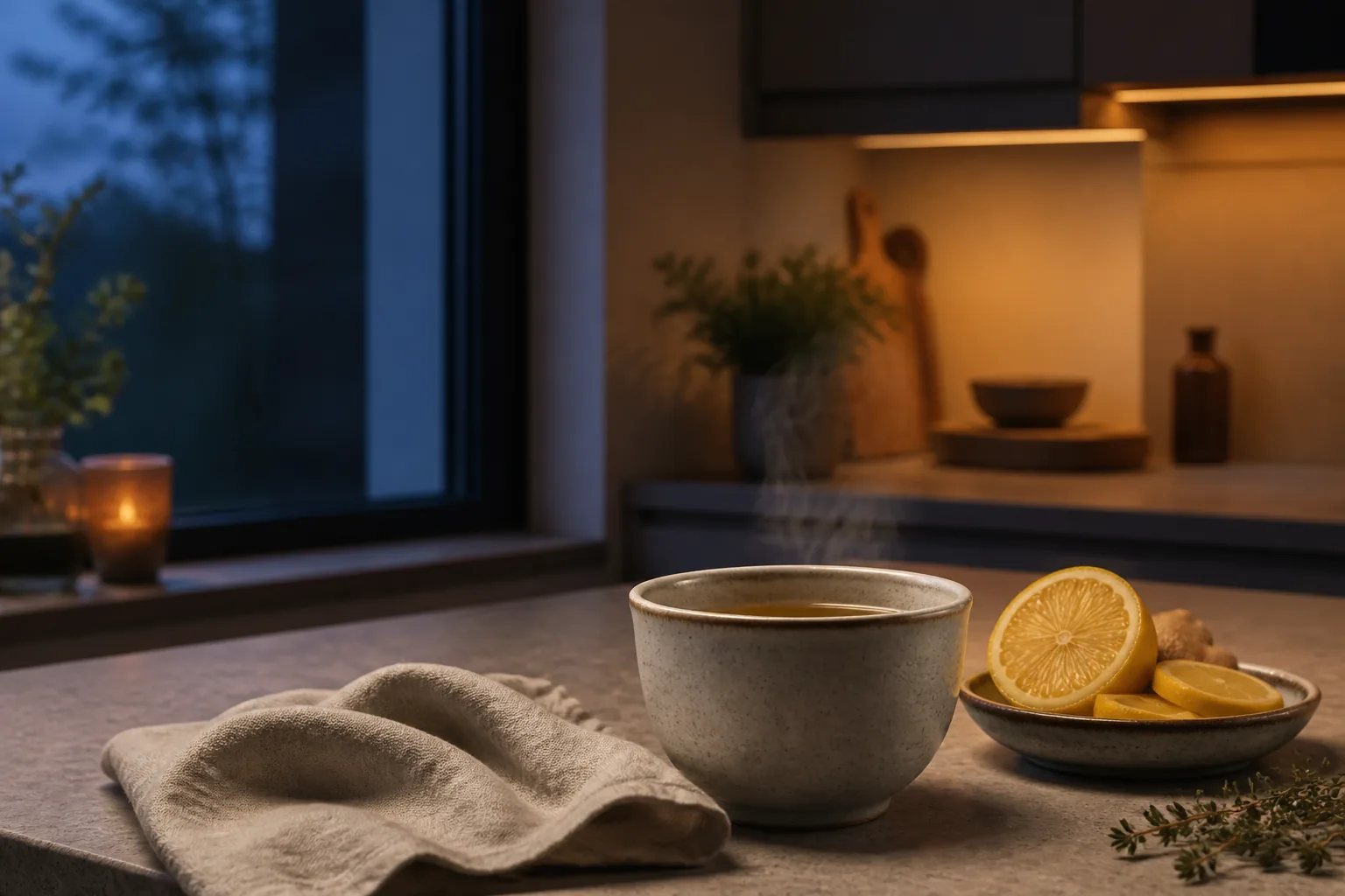 A steaming cup of herbal tea in a quiet evening kitchen