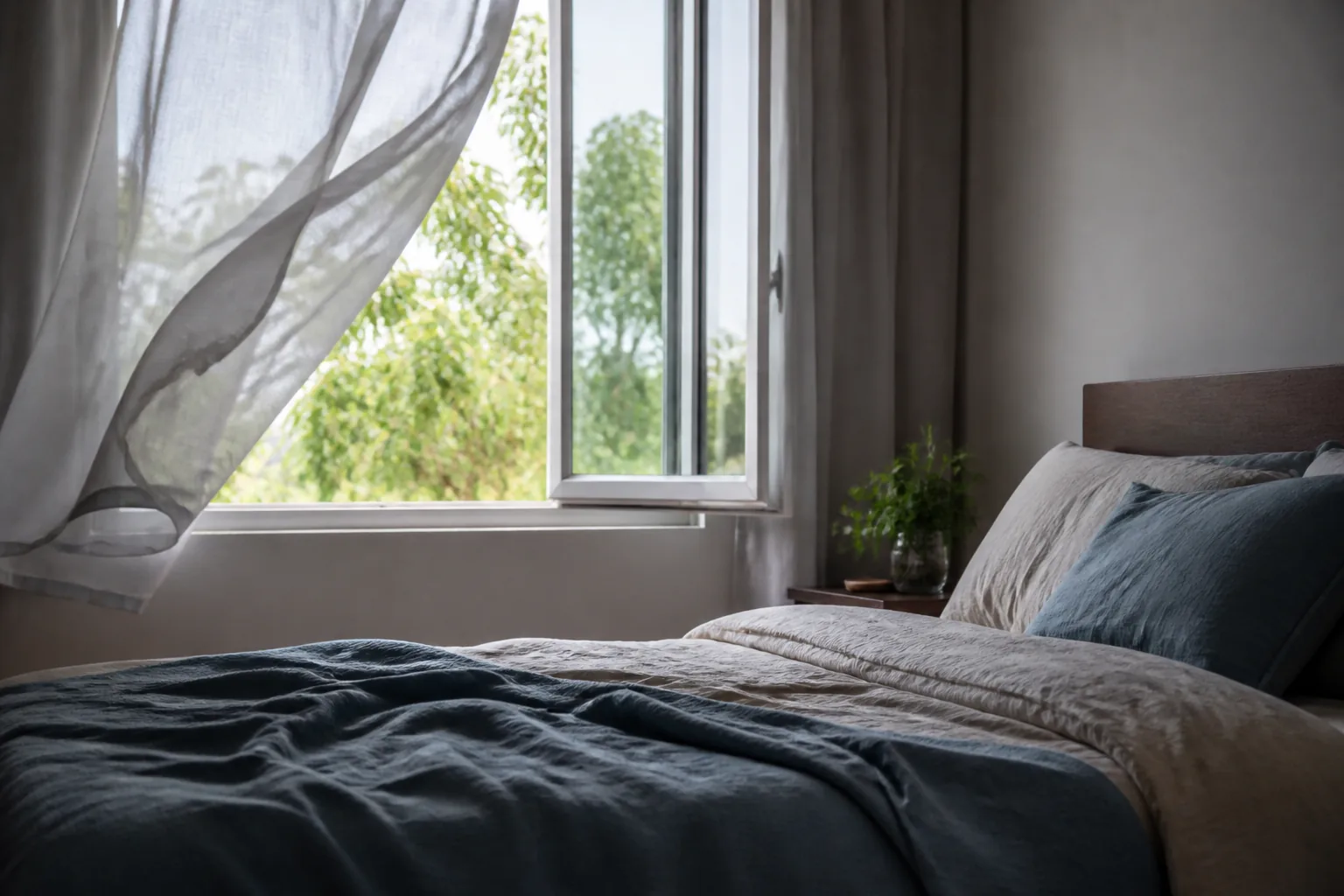 An open bedroom window with a curtain moving in fresh air