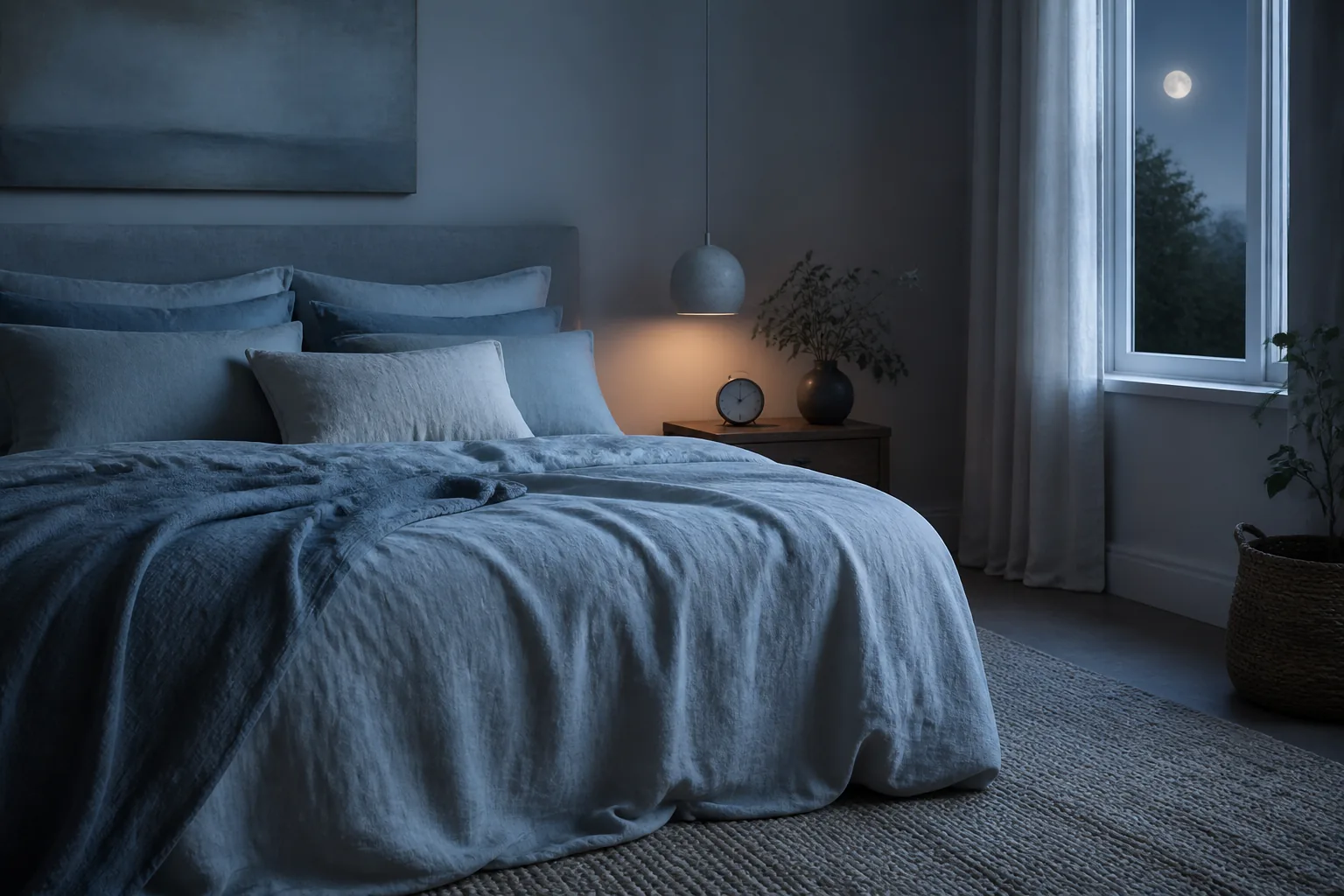 A calm bedroom with soft moonlight through the window