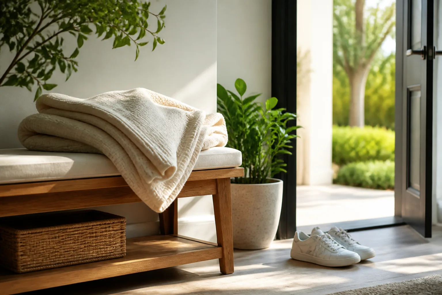 Folded blanket and shoes by an open door in morning light