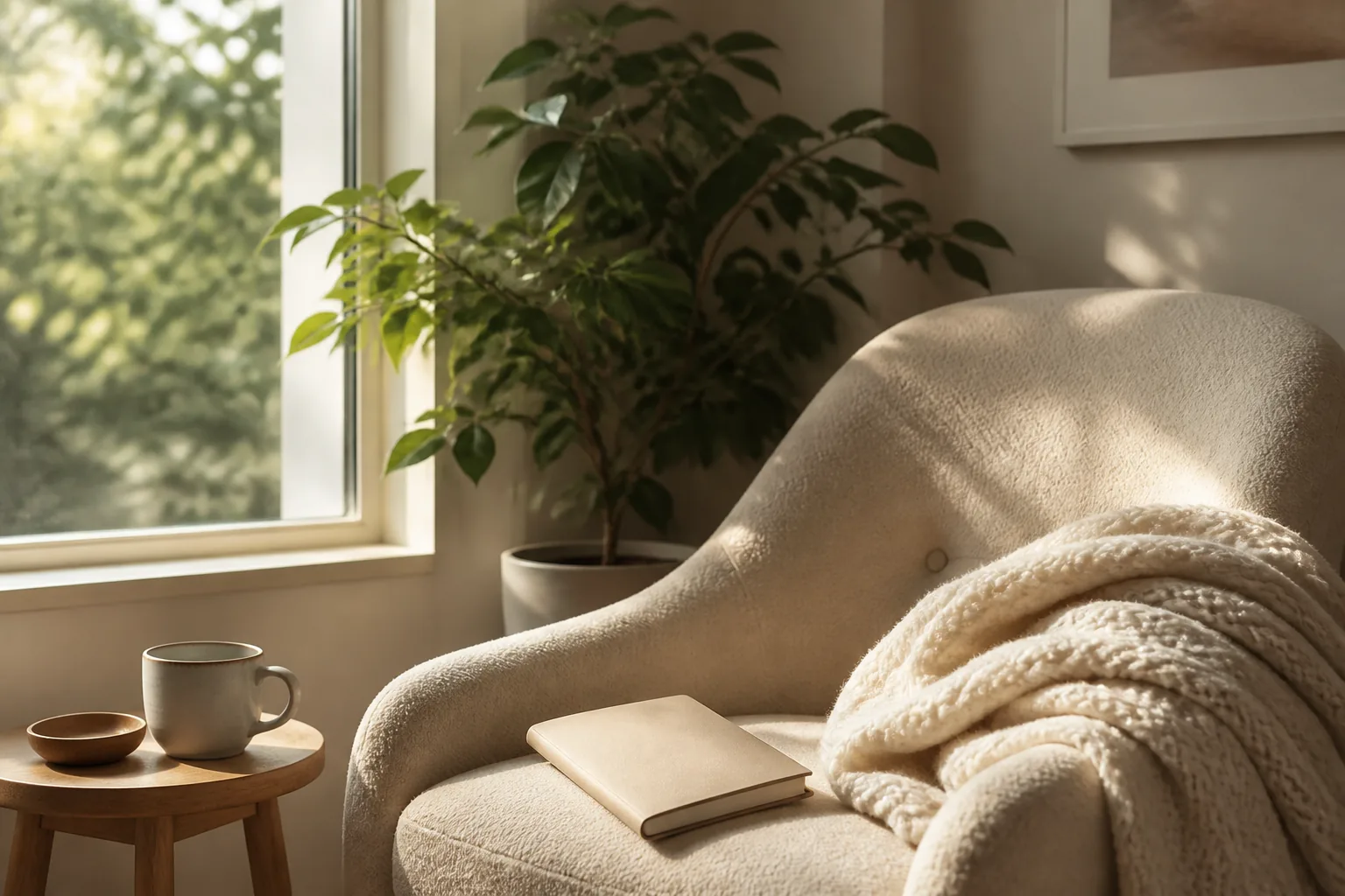 A sunlit reading chair with a blanket and journal