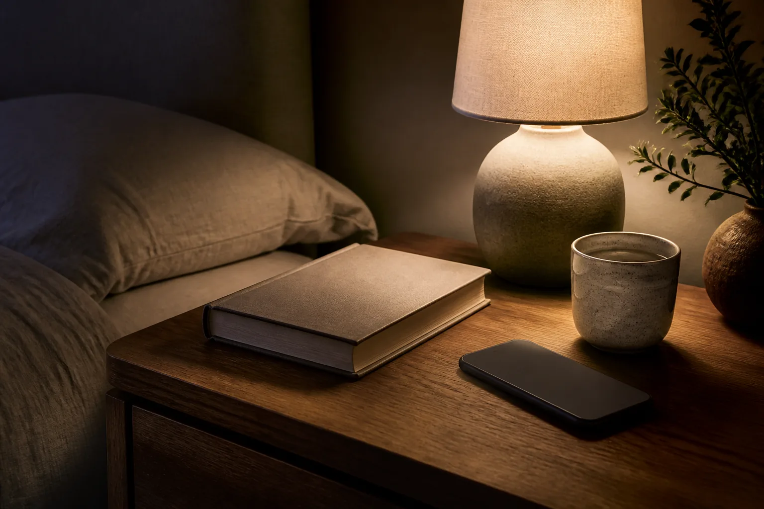 A phone resting face down beside a closed book and warm lamp