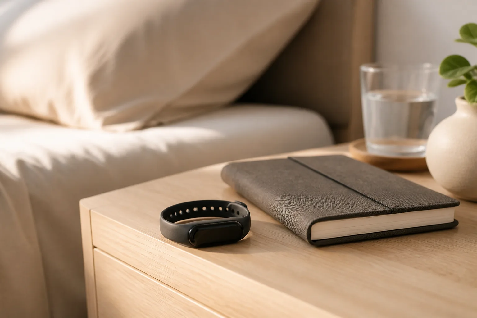 An unbranded sleep tracker beside a journal