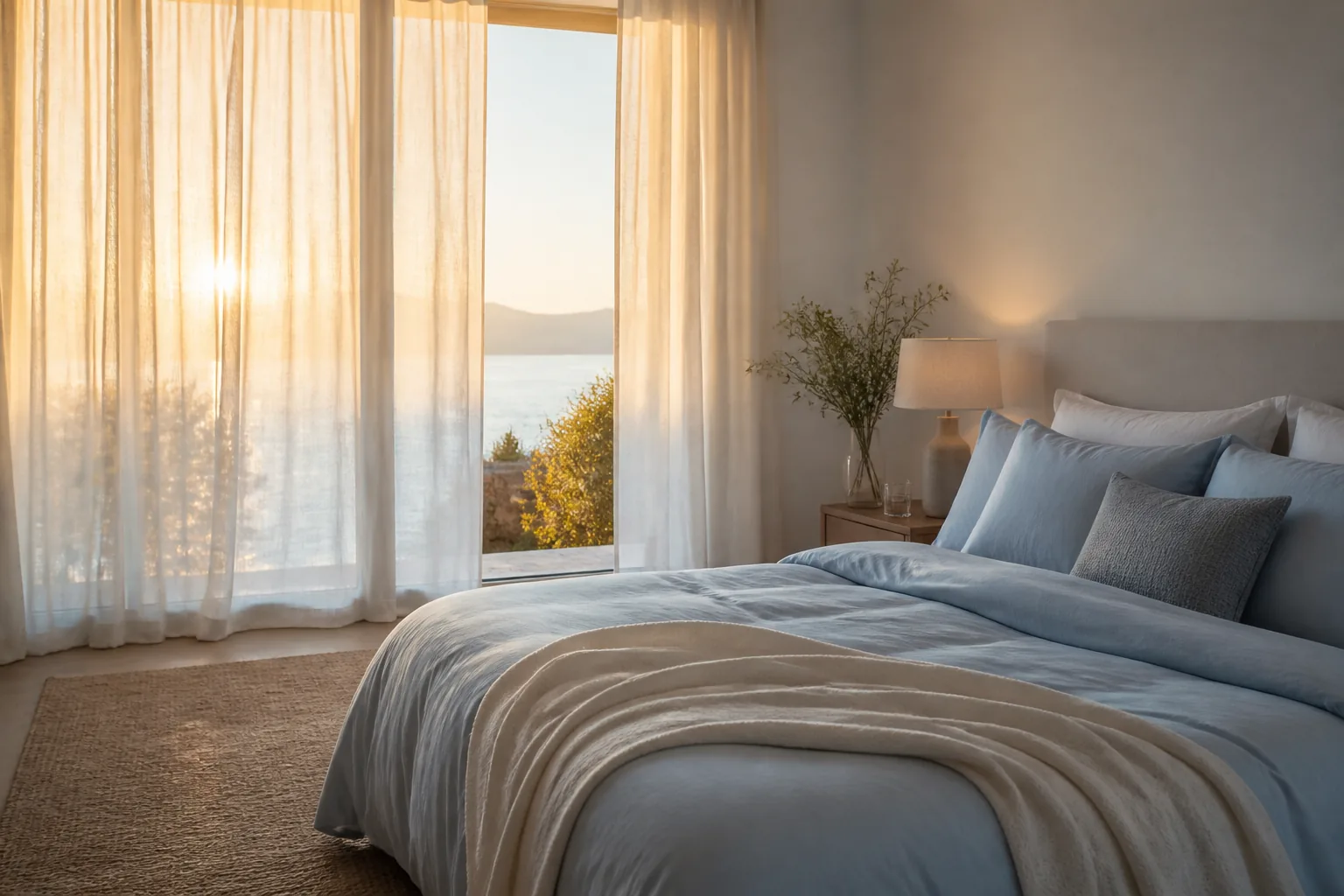 Sunrise passing through linen curtains beside a neatly made bed